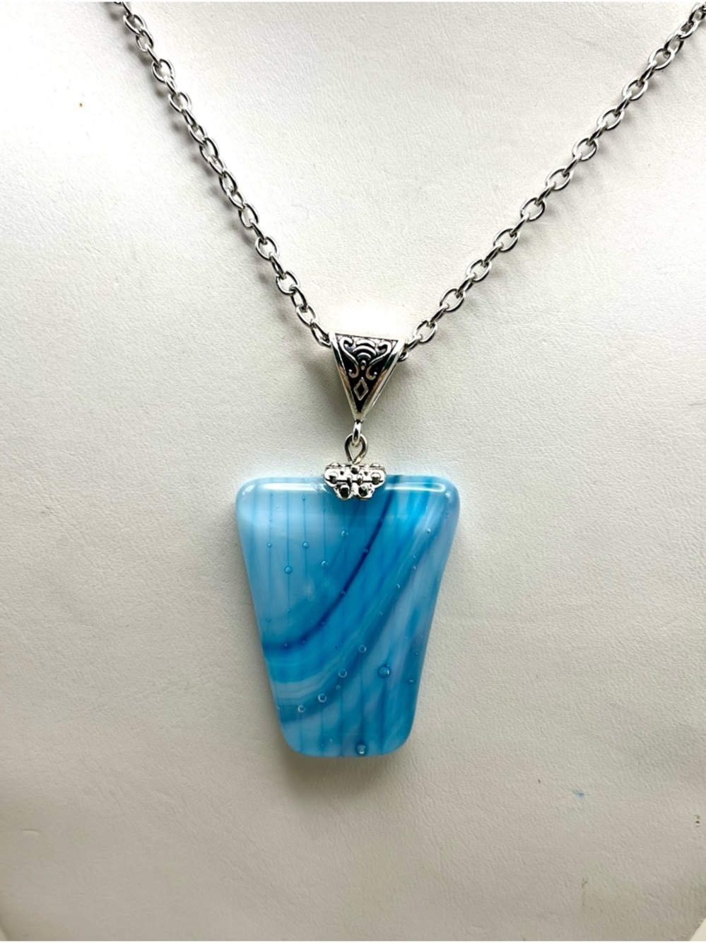 Handmade Fused Glass Pendant Necklace Signed Blue Swirl Silver Tone Chain